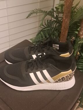 adidas Black White Gold Leopard Accent Trainers